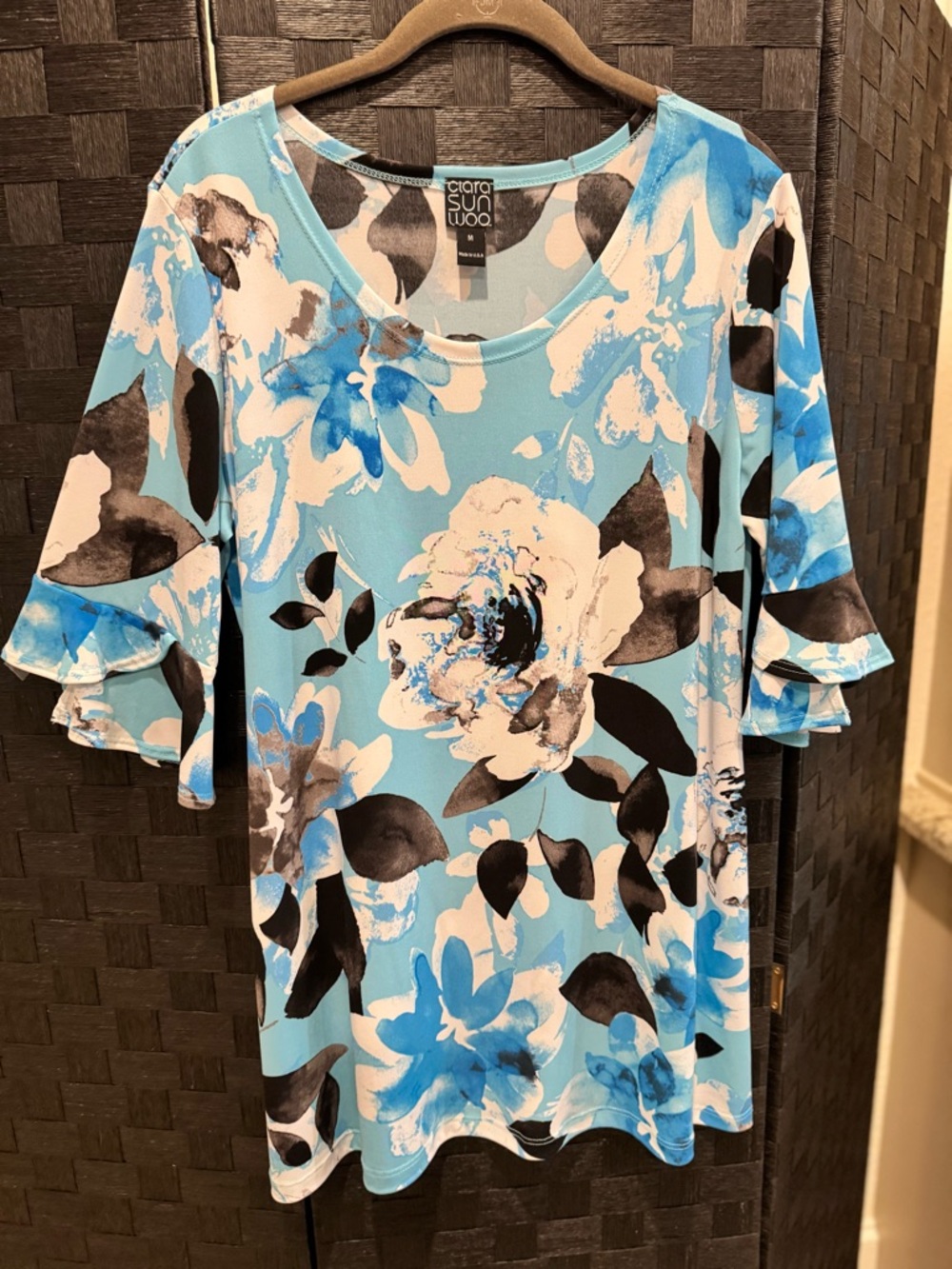 Clara Sun Woo Blue and Black Floral Ruffle Sleeve Tunic